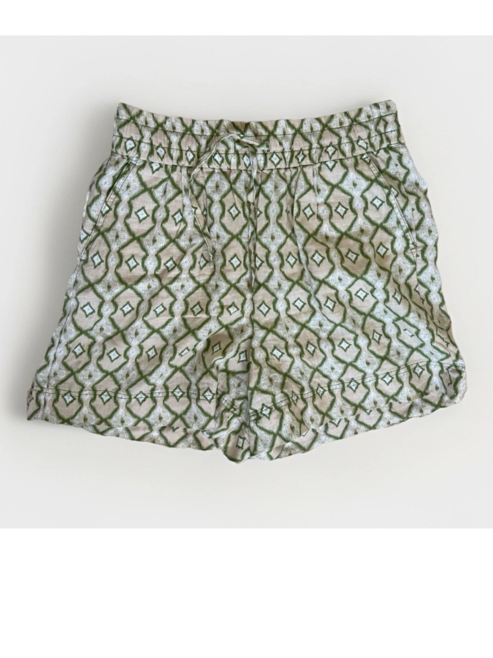 Benetton‎ Green Geometric Print 100% Pure Linen Medium Shorts Elastic Coastal